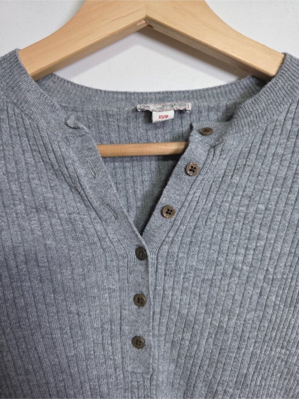 GAP Grey Ribbed Henley Sweater XS | Fitted Long Sleeve Knit Top - Picture 3 of 11